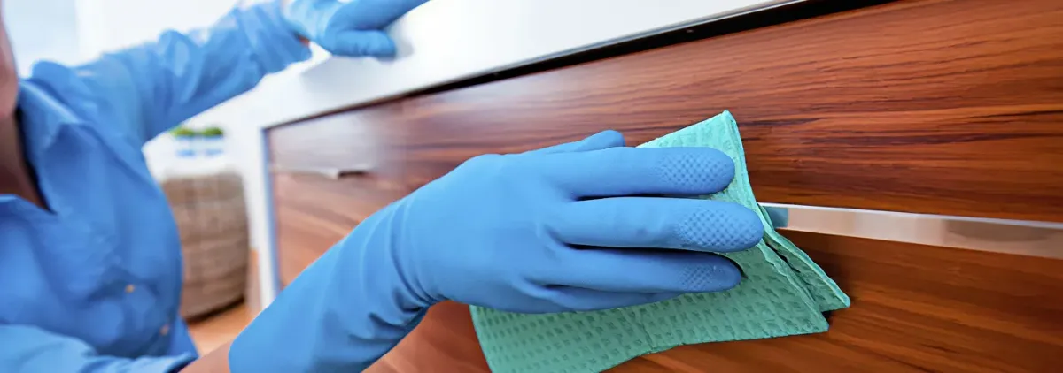 Cleaner wearing blue gloves wiping a wooden cabinet drawer with a microfiber cloth for dust and grime removal, Birmingham, AL.